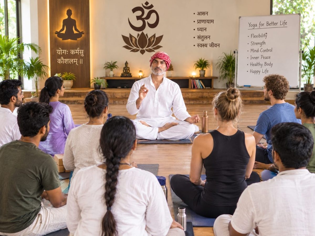 Yoga teacher seated with a group during a class in a light-filled studio