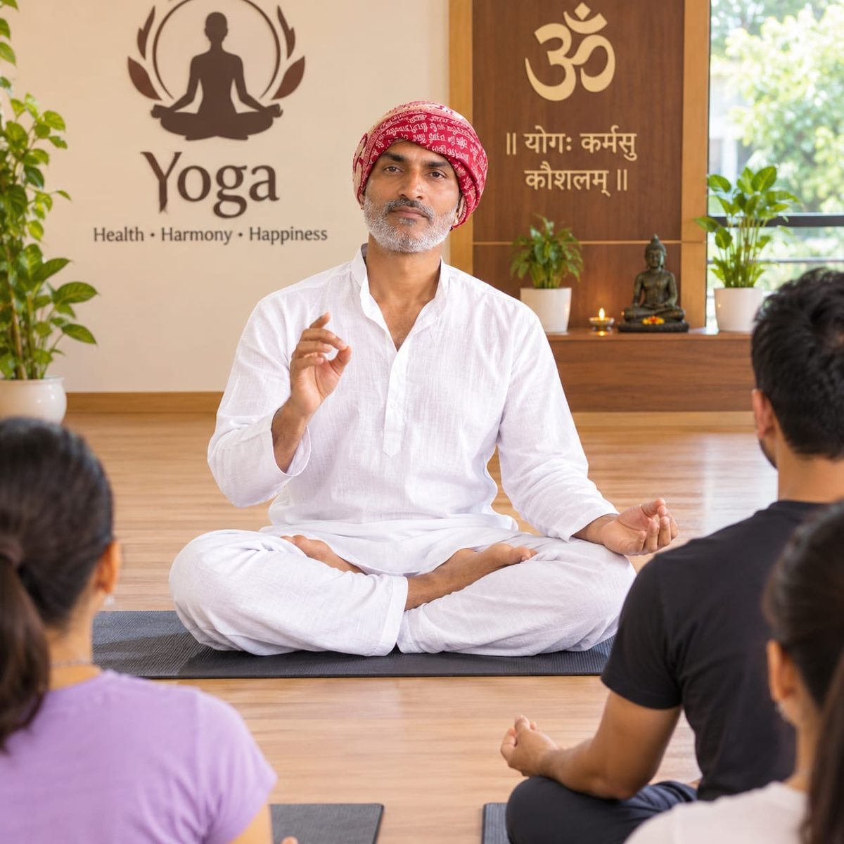 Yoga teacher demonstrating a seated hand gesture with students