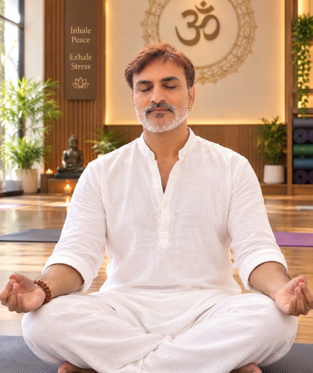 Teacher sitting cross-legged with eyes closed in meditation